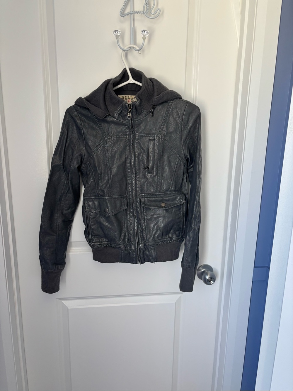 Women's Grey BILLABONG Hooded Leather Bomber Jacket